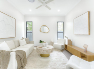 A bright and neatly staged living room | Sell In Style your property stylist